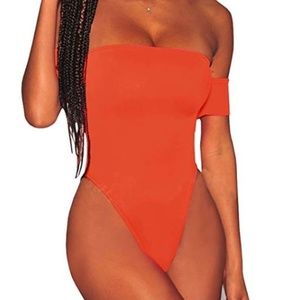 Orange One-Piece Off Shoulder Swimsuit